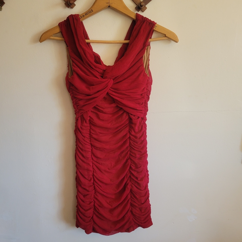 Revolve Majorelle Mini Dress Ruched Mesh Tank Red Lined Small